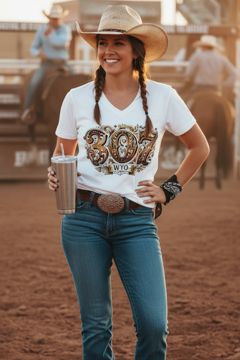 A woman in a cowboy hat and jeans stands in a rodeo arena wearing a white graphic t-shirt with a large western-style '307 Wyo' print. She holds a stainless steel tumbler cup.