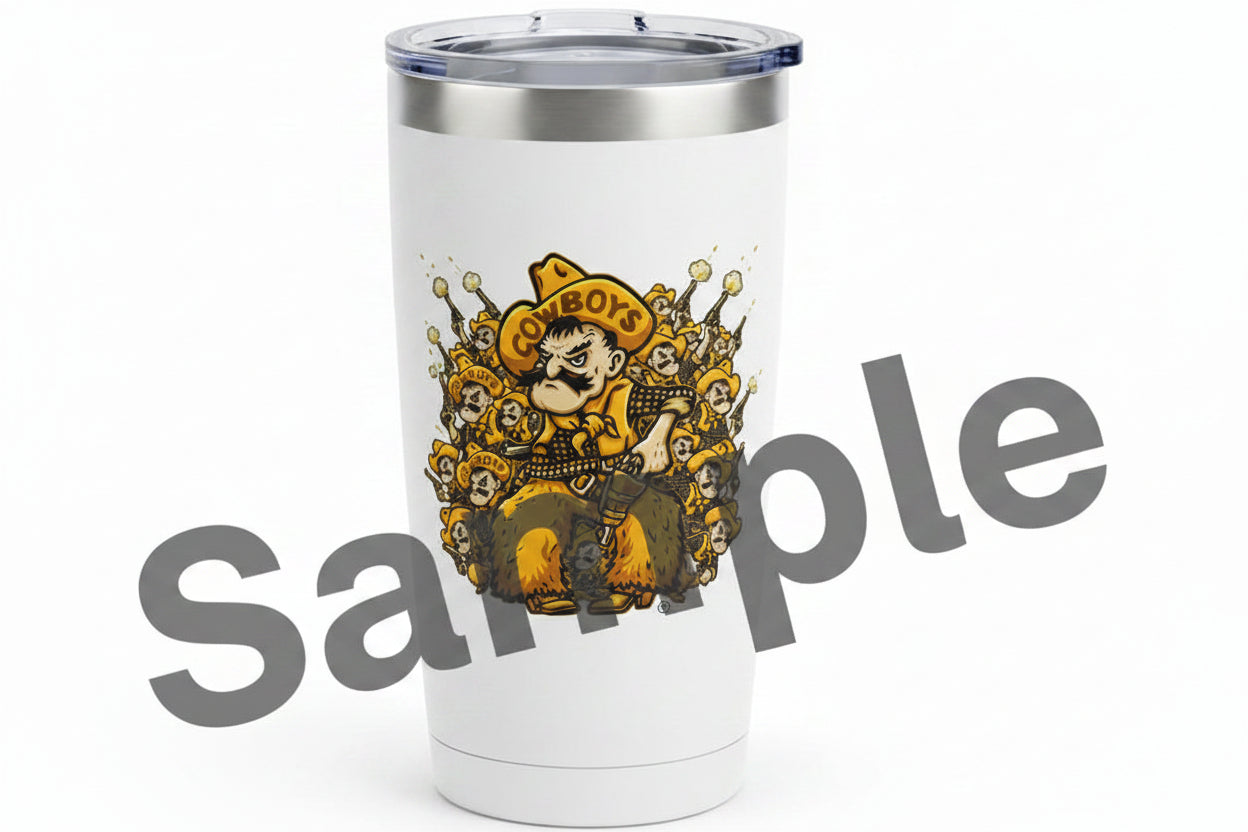 University of Wyoming Cowboys mascot graphic with the word "Cowboys" on his hat, surrounded by smaller cowboy figures holding guns on a White Tumbler