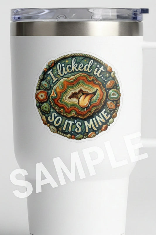 Decorative plate with geode design and text 'I licked it so it's mine' on a white background