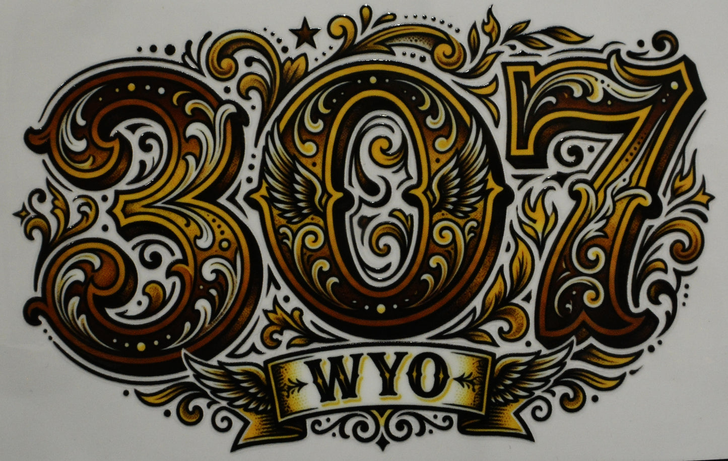 Decorative number '307' with ornate designs and 'WYO' text