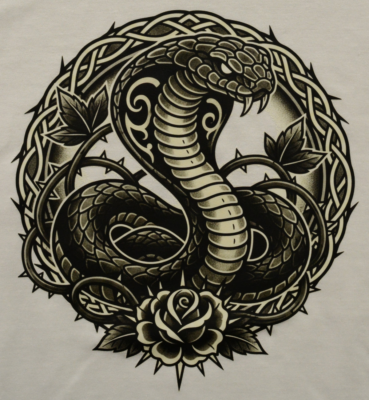 Decorative design of a snake coiled around a rose with intricate patterns on a white background