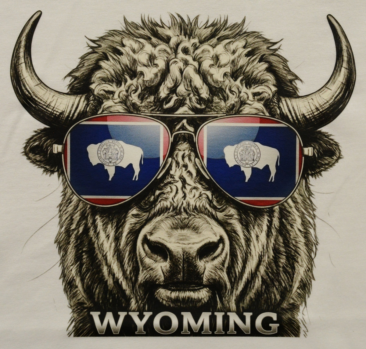 Bison wearing sunglasses with Wyoming flag design and 'Wyoming' text on a white shirt