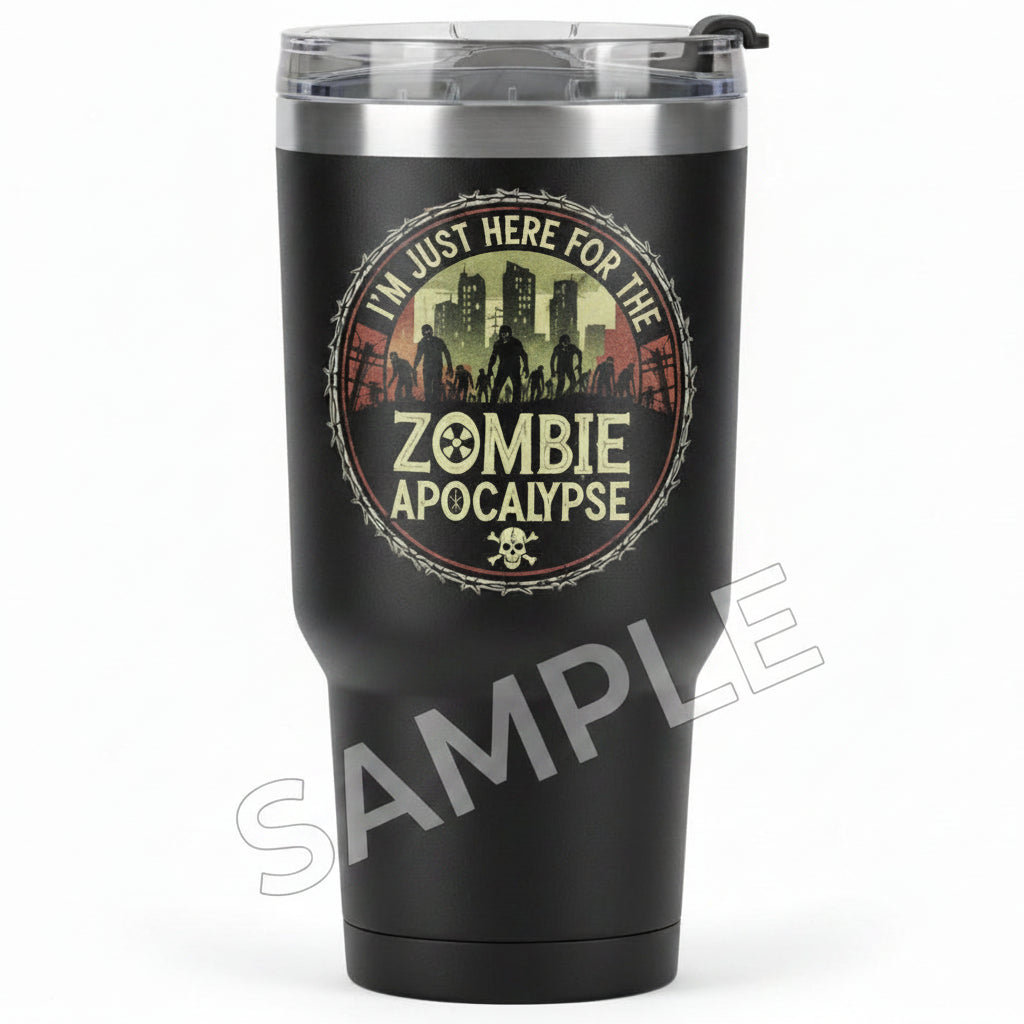 Black tumbler with 'Zombie Apocalypse' design on a white background