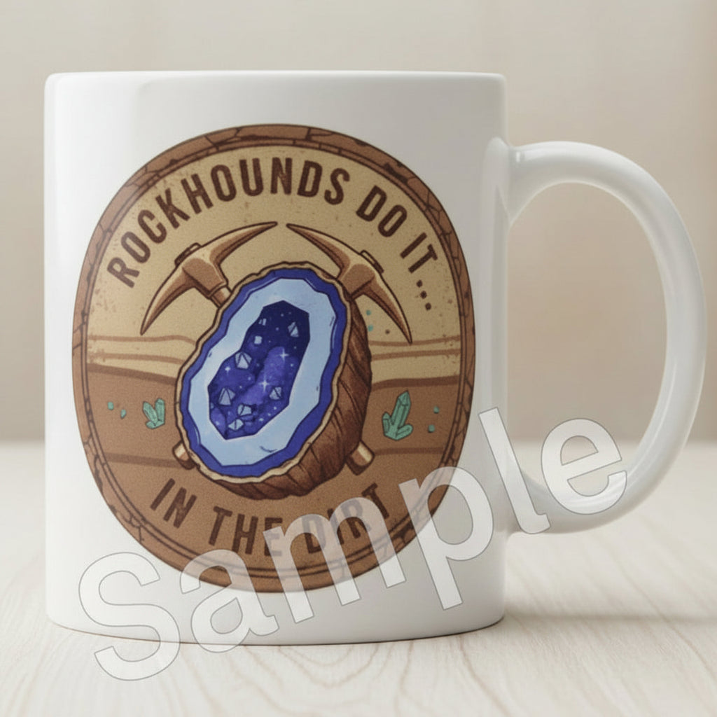 Mug with geode design and text 'Rockhounds do it... in the dirt' 
