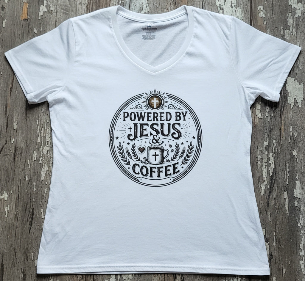 A white women's V-neck T-shirt laid flat on a weathered wood surface, featuring a circular brown graphic print on the chest that reads 'POWERED BY JESUS & COFFEE' with a cross and coffee cup motif.