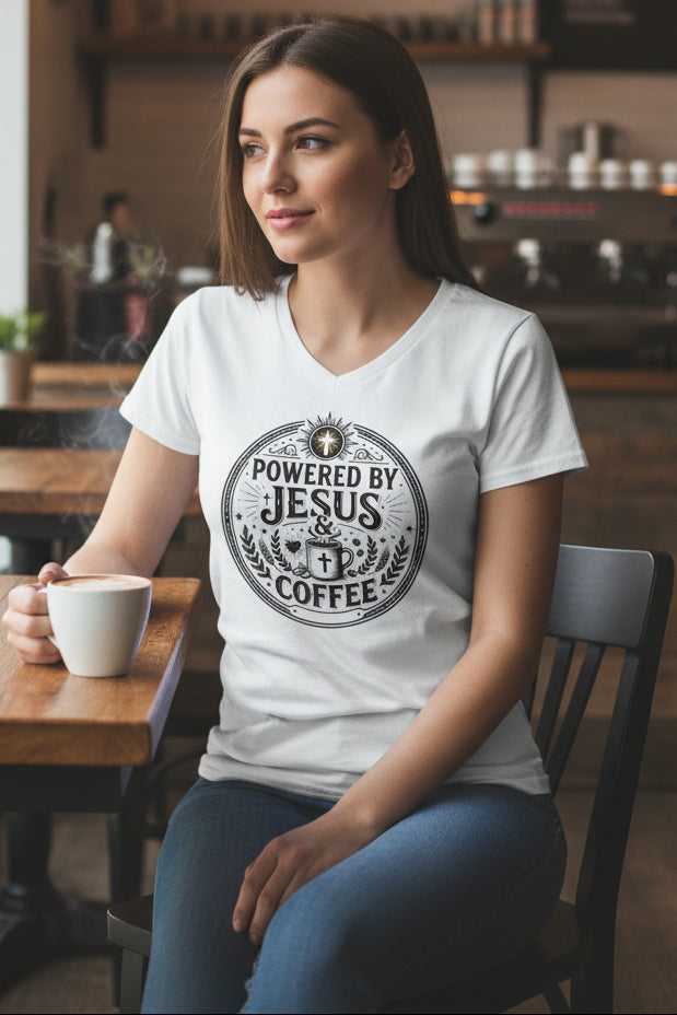 A woman sitting in a cafe wearing a white V-neck t-shirt with a circular graphic that reads 'POWERED BY JESUS & COFFEE'. She is holding a white coffee mug.