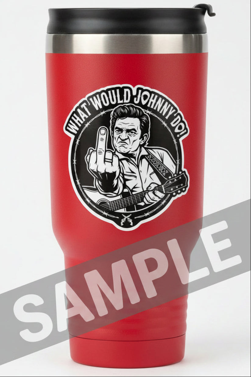 A red insulated travel tumbler with a black lid and a large black-and-white circular graphic on the front featuring a illustrated man and the text 'WHAT WOULD JOHNNY DO?'.