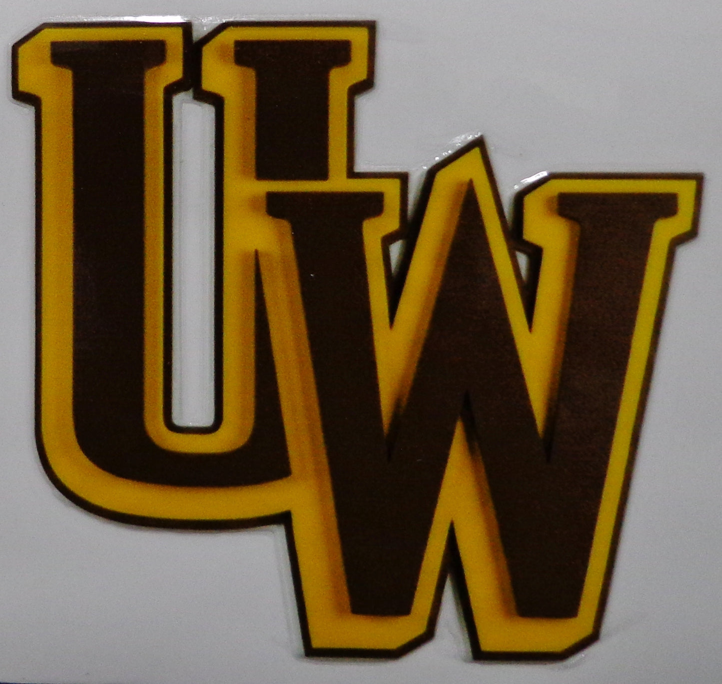 University of Wyoming 'UW' sticker in brown and Yellow. 