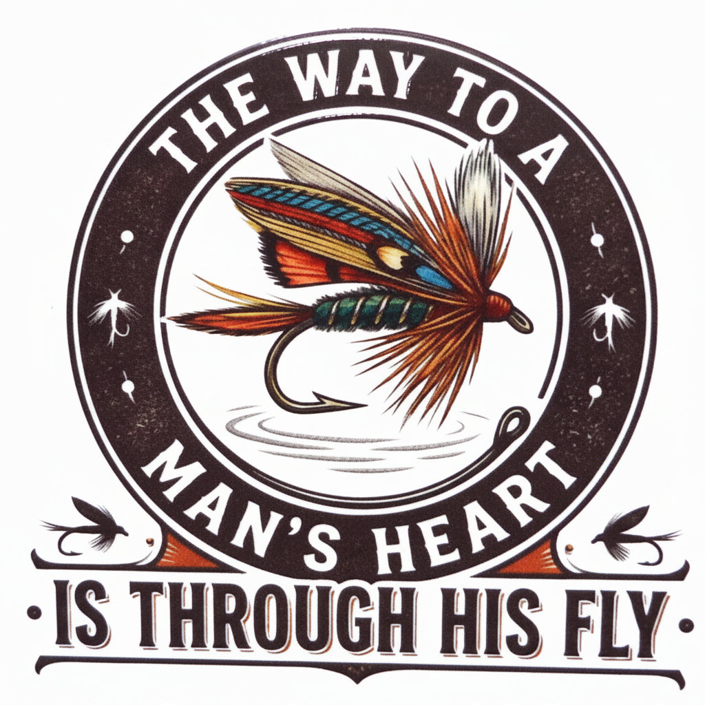 Decorative emblem with a fly fishing fly and text The way to a mans heart is though his fly 