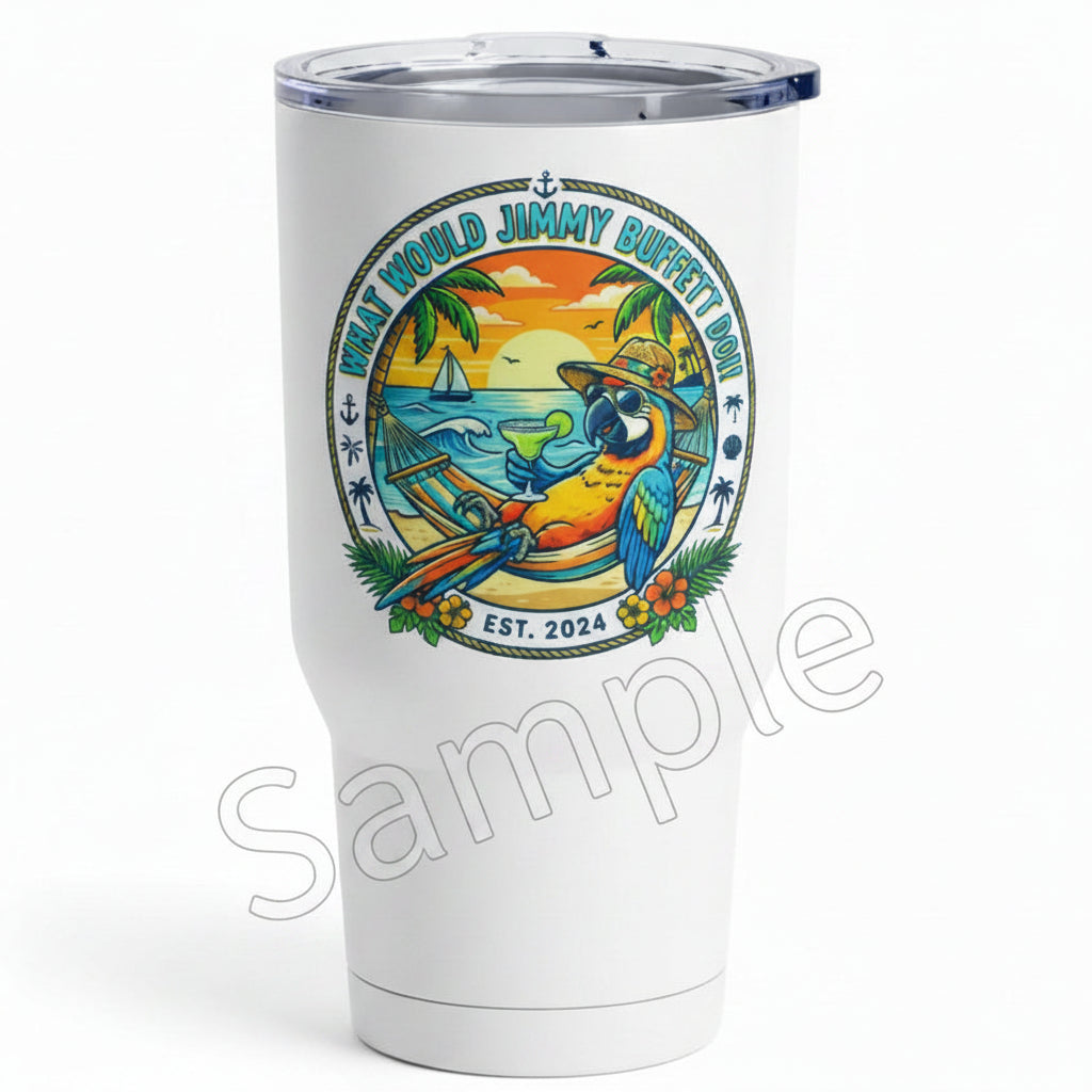 White tumbler with a colorful graphic design on a white background