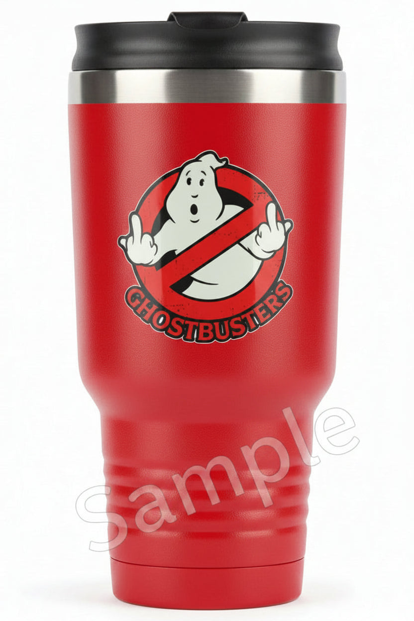Red travel mug with Ghostbusters logo on a white background