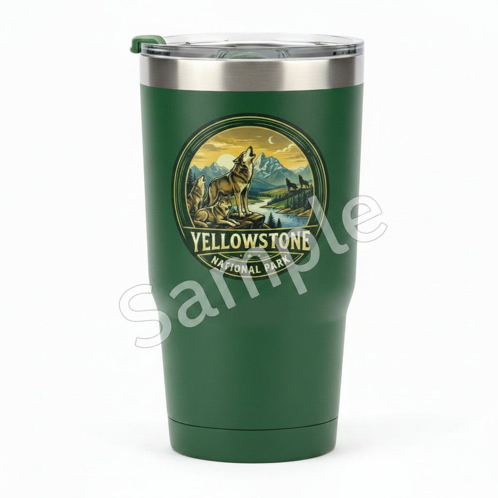Yellowstone National Park logo with wolves and mountains on a circular design.