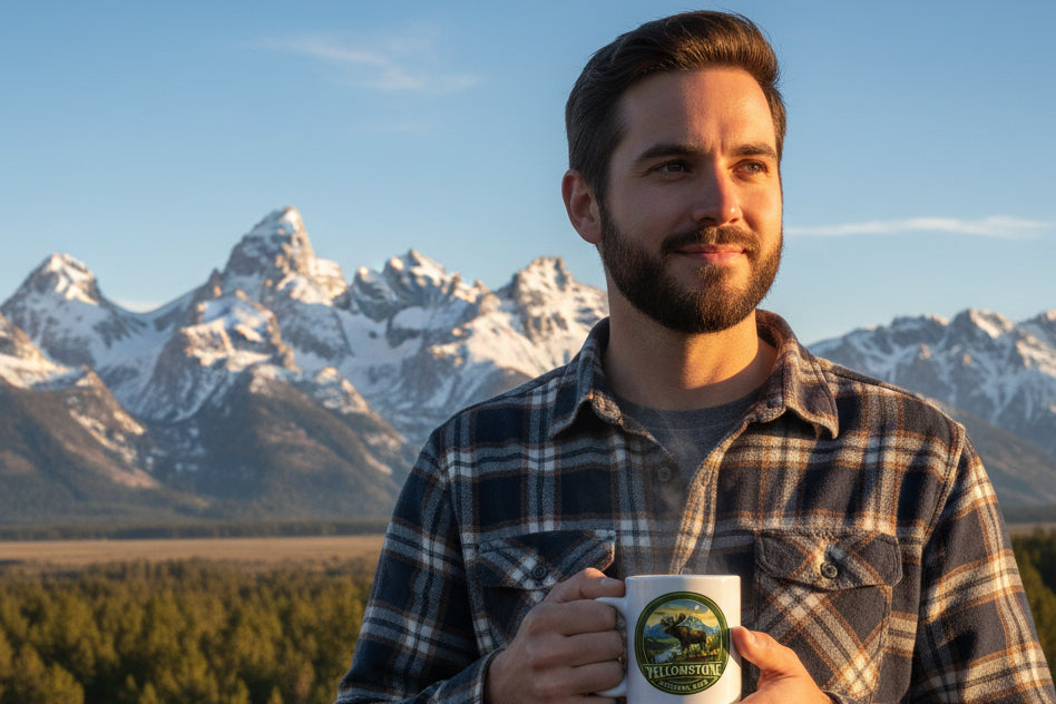 Round Yellowstone National Park sticker with a moose and mountain landscape.