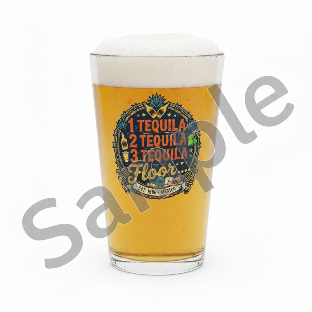 Decorative sticker with '1 Tequila 2 Tequila 3 Tequila Floor' text and tequila bottle graphics on a white background.