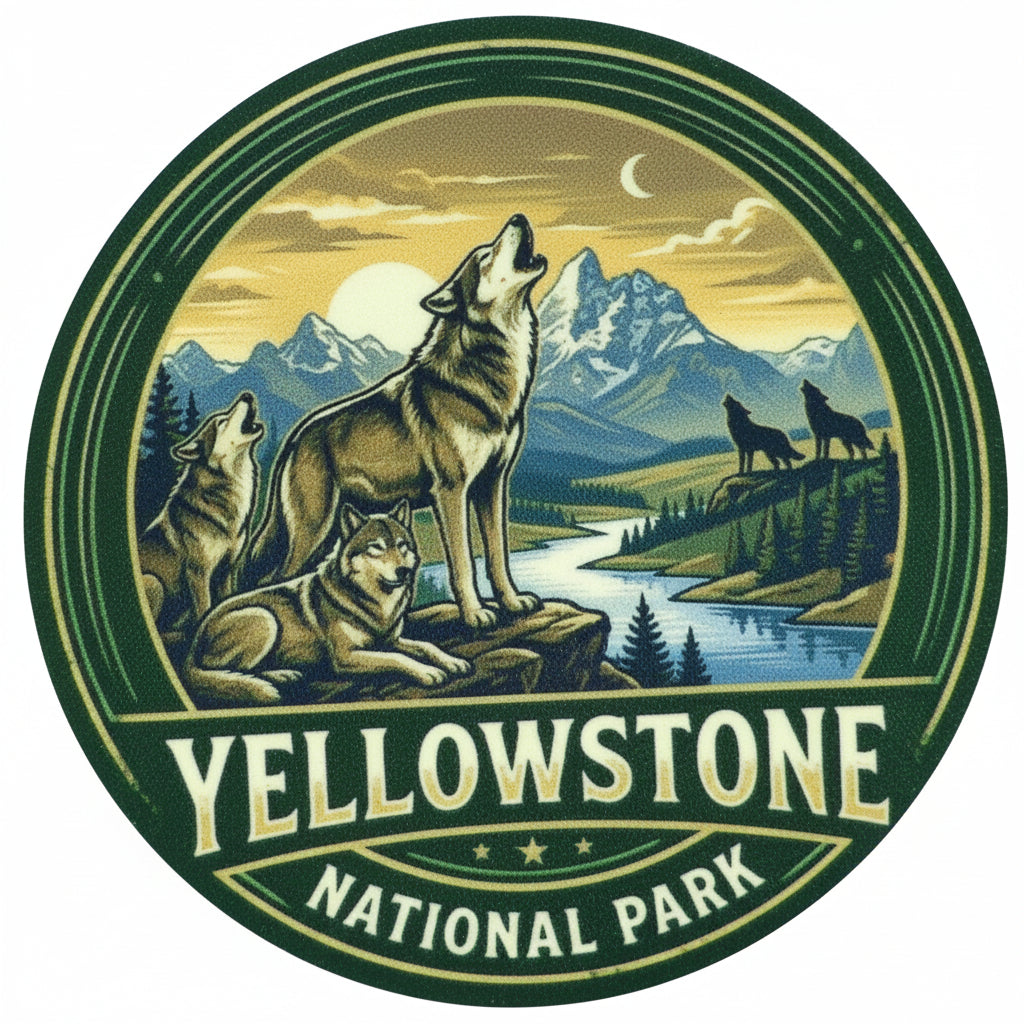 Yellowstone National Park logo with wolves and mountains on a green background
