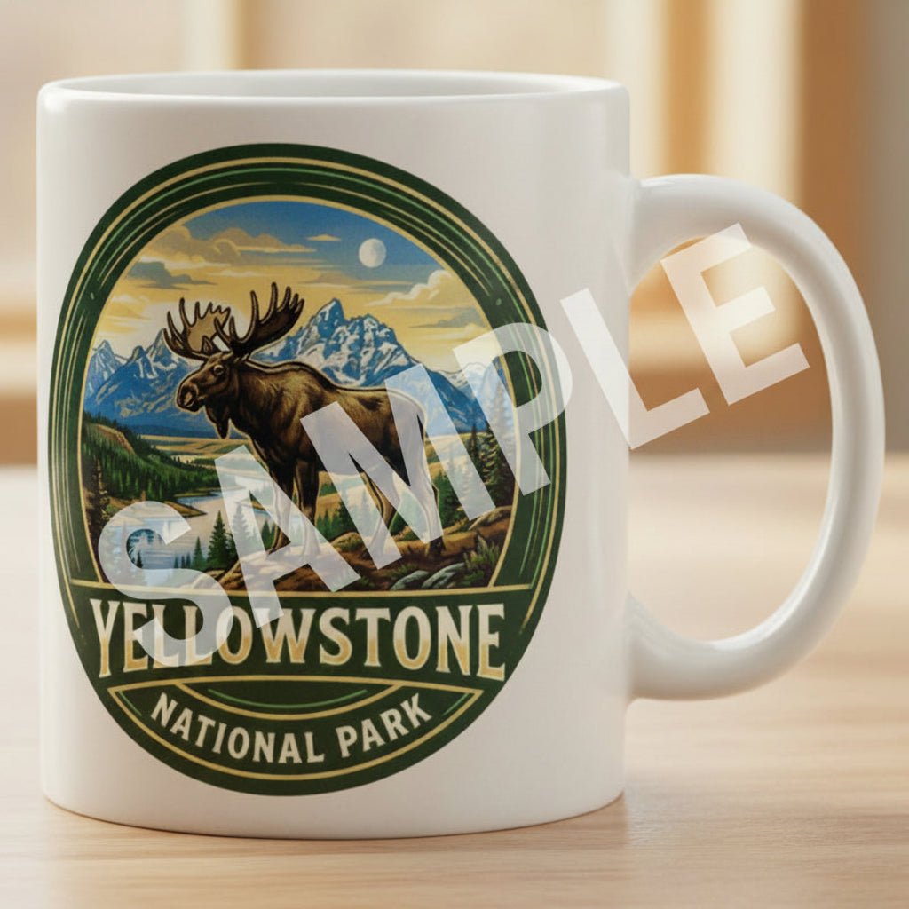 Mug with Yellowstone National Park design featuring a moose and mountain landscape.