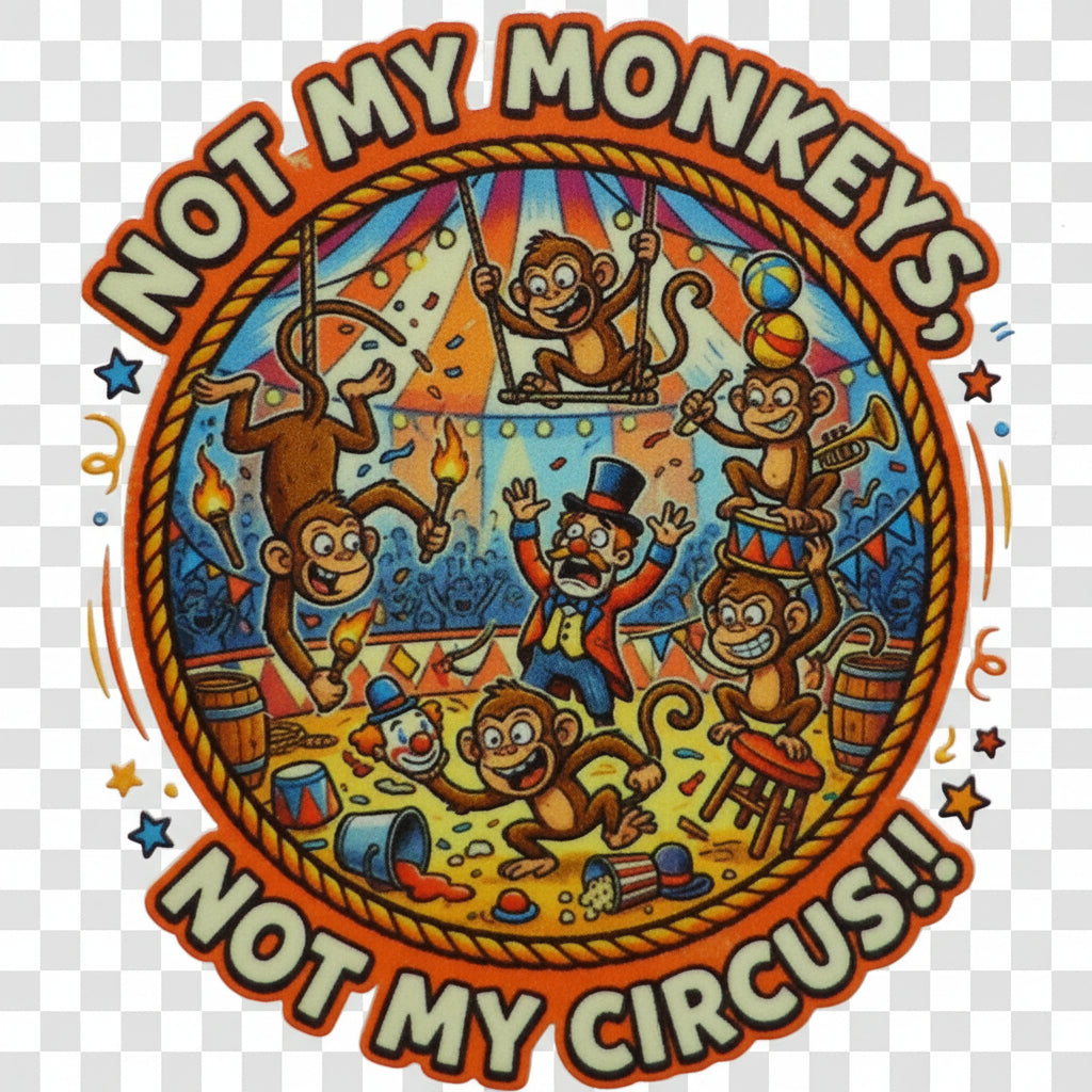 Colorful graphic with monkeys and text 'Not my monkeys, not my circus' 