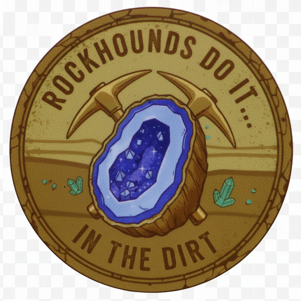 Circular sticker with 'Rockhounds do it... in the dirt' text and a geode illustration 