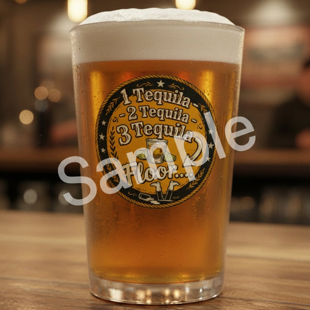 Pint of beer with a humorous label on a wooden surface