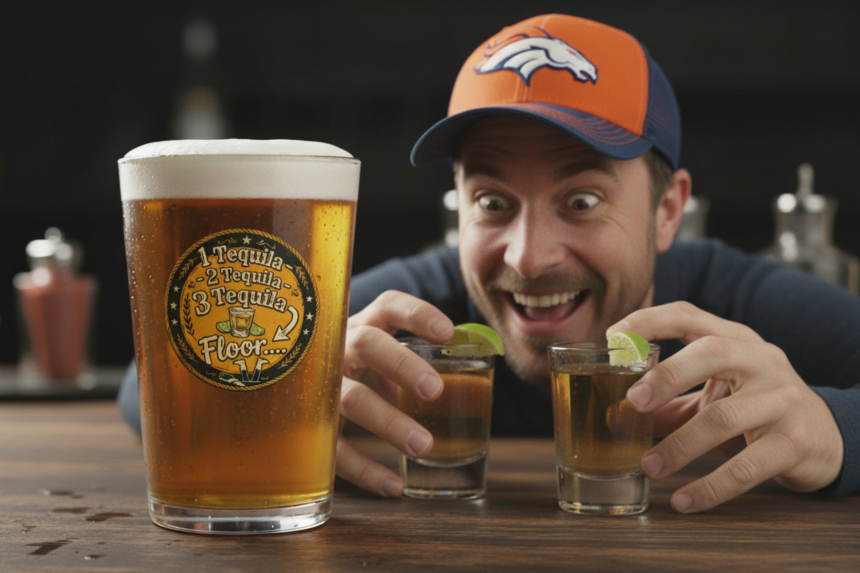 Man holding two shot glasses with a large beer glass labeled '1 tequila, 2 tequila, 3 tequila..... floor' text and a shot glass graphic ' on a wooden table.