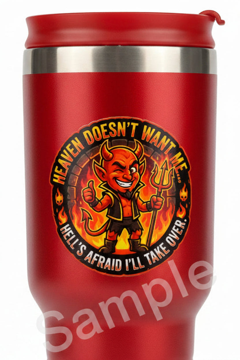 Red travel mug with a graphic of a devil 