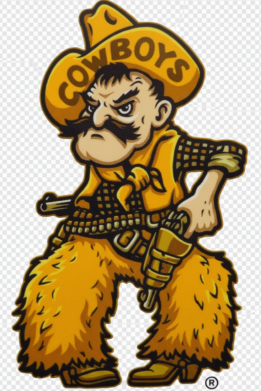 University of Wyoming Cowboy Joe mascot wearing a yellow hat with the word 'COWBOYS' and holding a gun.