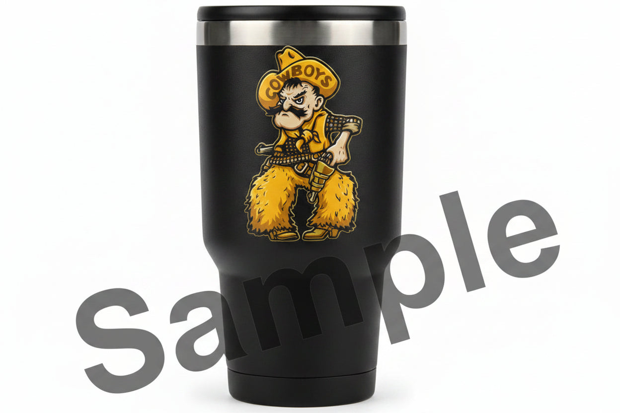 University of Wyoming Cowboy Joe mascot sticker or decal featuring a mustached figure in a yellow hat and boots with the word 'COWBOYS' on the hat.