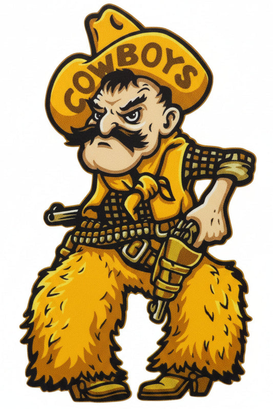 University of Wyoming Cowboy Joe mascot wearing a yellow hat with the word 'COWBOYS' and holding a gun.