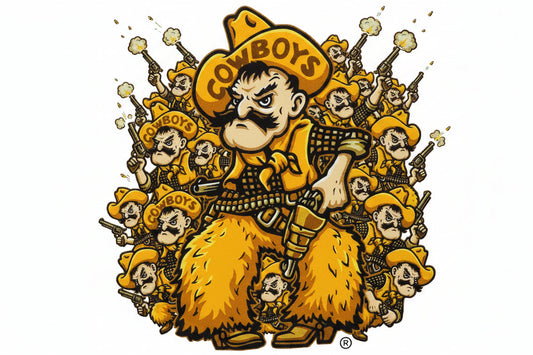 University of Wyoming Cowboys mascot graphic with the word "Cowboys" on his hat, surrounded by smaller cowboy figures holding guns