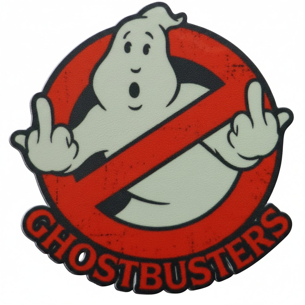 Ghostbusters logo with a ghost and prohibition symbol on a red background