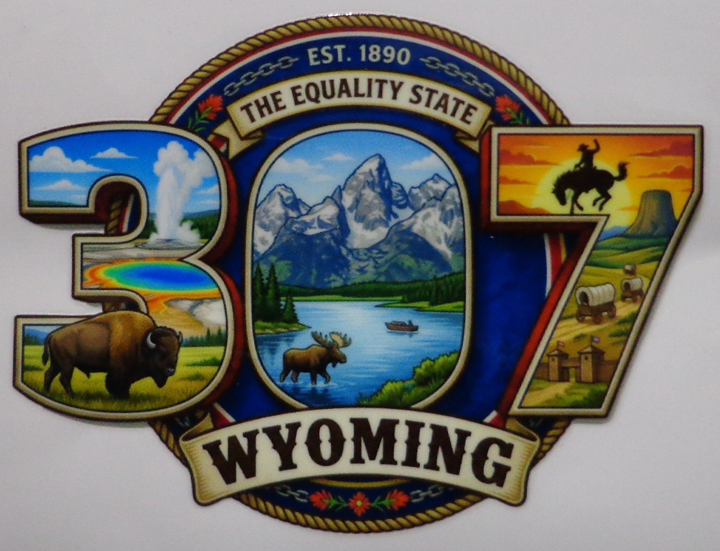 Decorative emblem of Wyoming with scenic elements and text 307