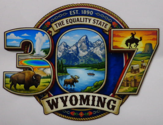 Decorative emblem of Wyoming with scenic elements and text 307