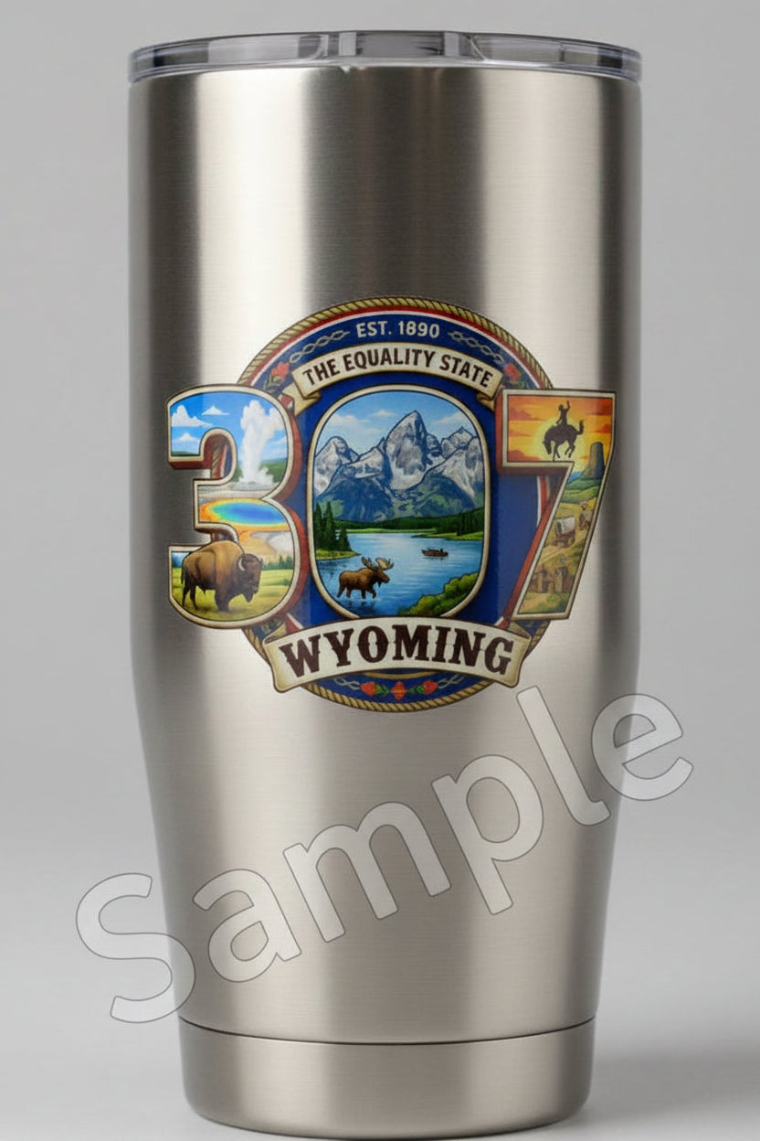 Stainless steel tumbler with Wyoming state design on a gray background