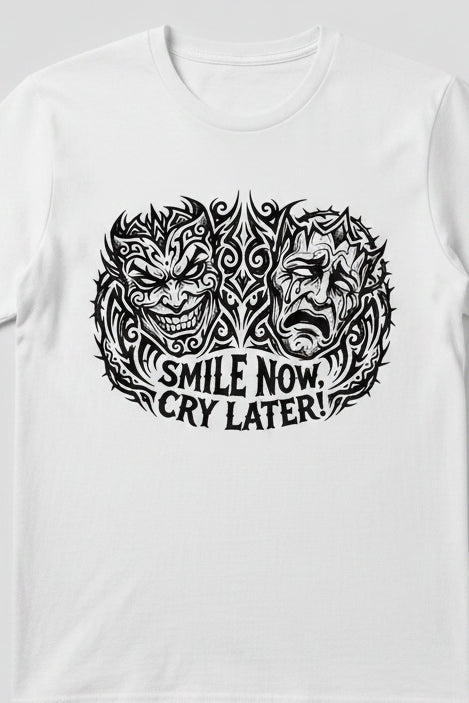 Smile Now Cry Later tattoo style short sleeve graphic tee – Press Play Graphics