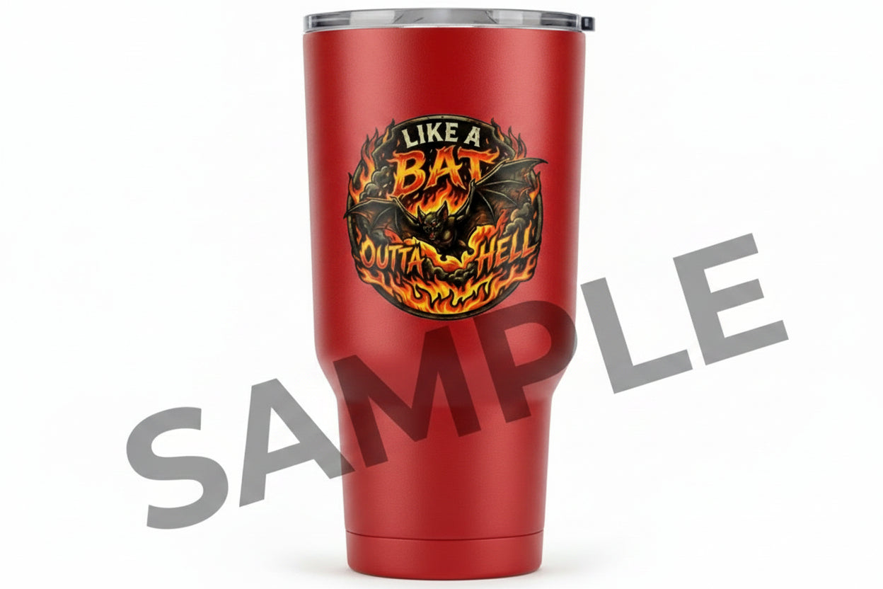 A circular graphic sticker featuring a black bat surrounded by orange and yellow flames, with the text 'LIKE A BAT OUTTA HELL' in stylized lettering.