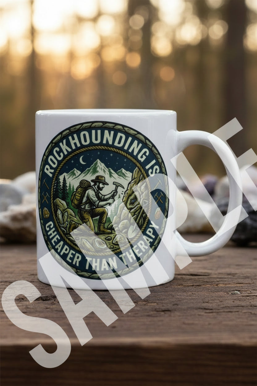 Circular sticker with a mountain scene and text 'Rockhounding is cheaper than therapy' on a white coffee cup.