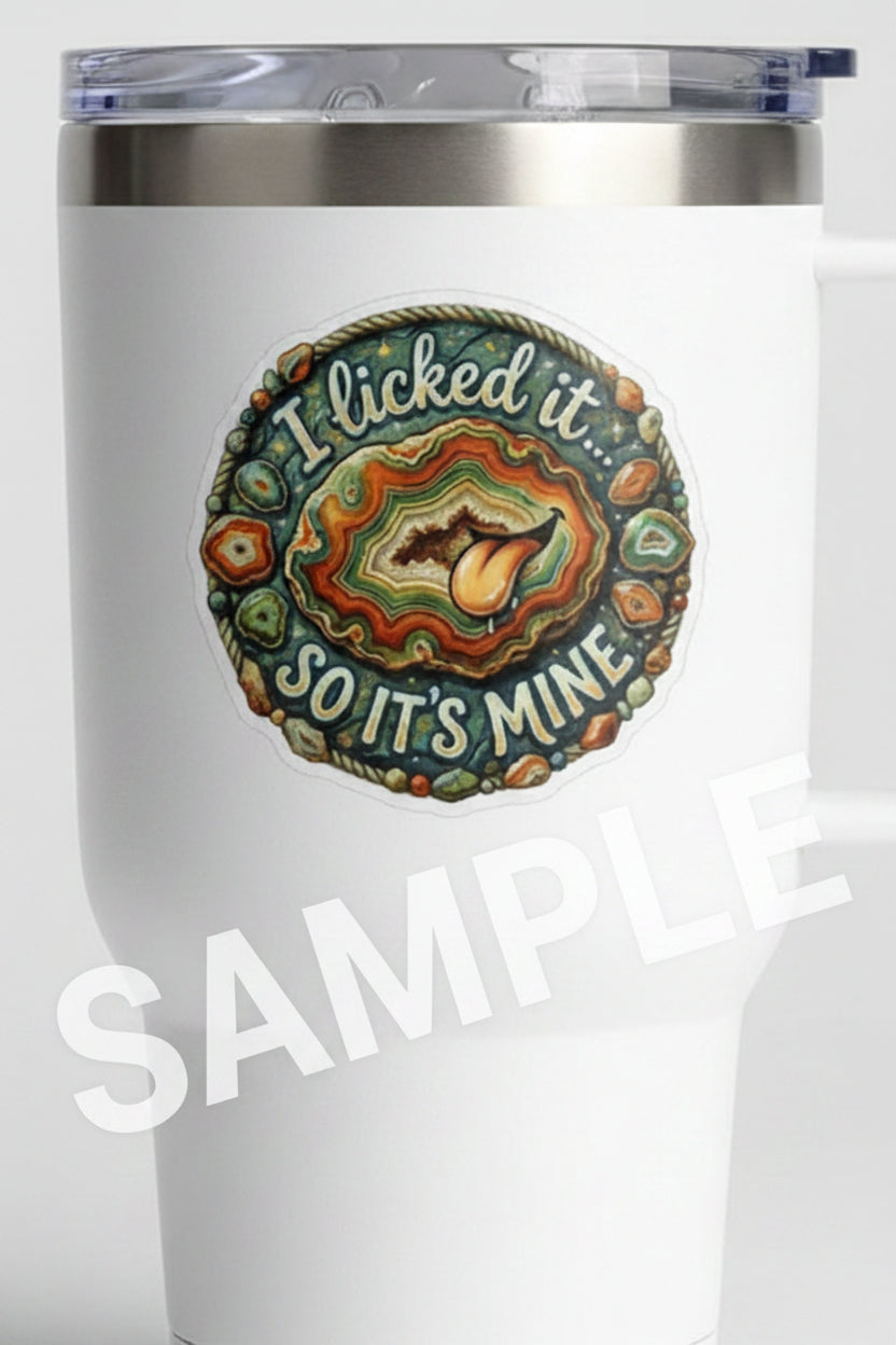 Decorative plate with geode design and text 'I licked it so it's mine' on a white background