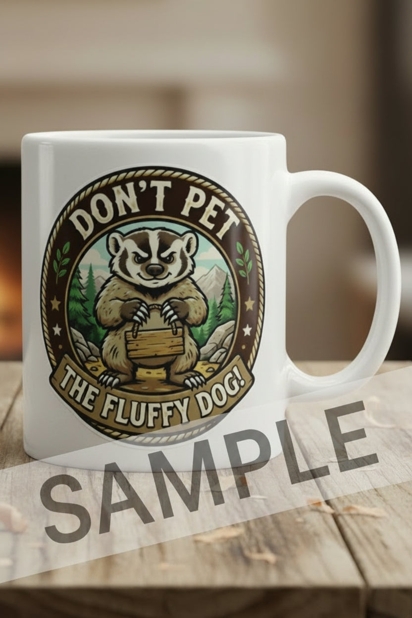 A circular novelty sticker featuring a cartoon badger, with the text 'DON'T PET THE FLUFFY DOG!' around the design. On a white coffee cup.
