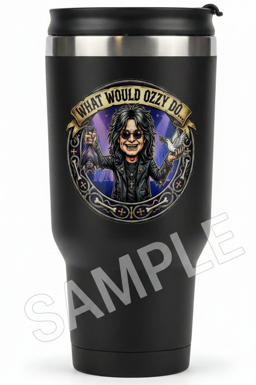 A black insulated travel tumbler with a stainless steel rim and a black lid, featuring a circular graphic of Ozzy Osbourne with the text 'WHAT WOULD OZZY DO?' on the front.