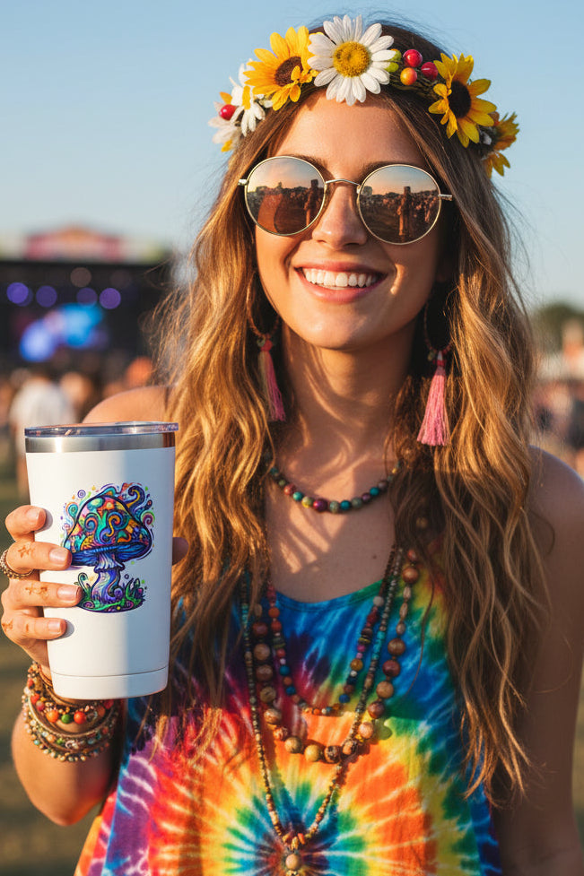 A colorful psychedelic mushroom Sticker with swirling rainbow patterns, outlined in black, on a plain White tumblr, held by a women in a tie dye shirt.