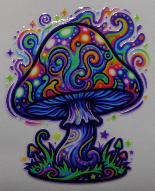A colorful psychedelic mushroom sticker with swirling rainbow patterns, outlined in black, on a plain white background.