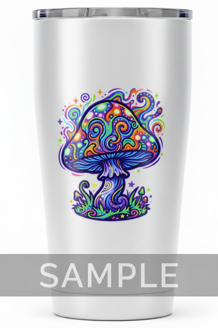 A colorful psychedelic mushroom sticker or decal with swirling rainbow patterns, shown on white tumbler.