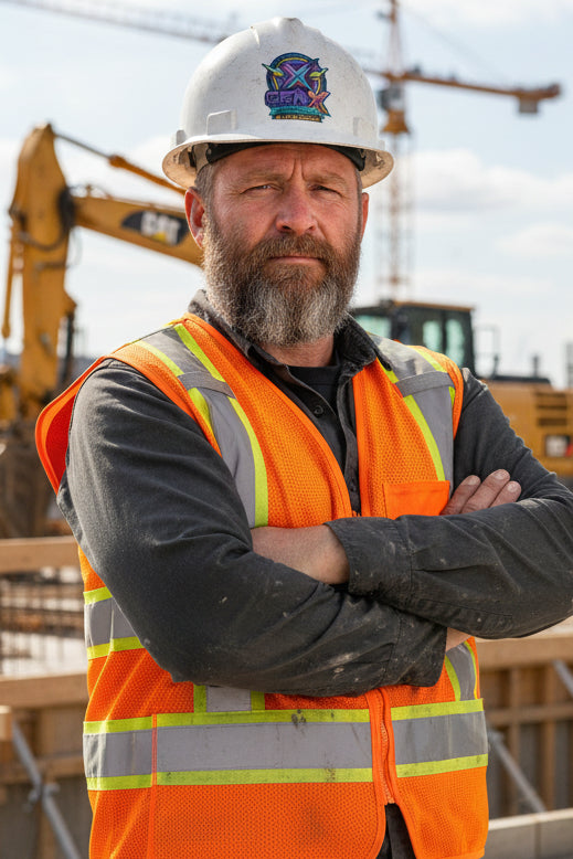 A white hard hat with a colorful 'GENX Generation X We Are The Rebellion' sticker on the side, worn by a construction worker. 