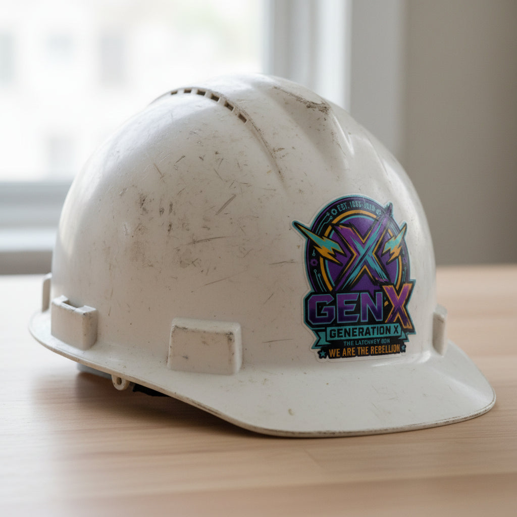 Sticker featuring the 'Gen X' logo with a stylized purple and blue 'X', lightning bolts, and text reading 'EST. 1965-1980', 'GEN-X', 'GENERATION X', and 'WE ARE THE REBELLION' on a white hardhat.