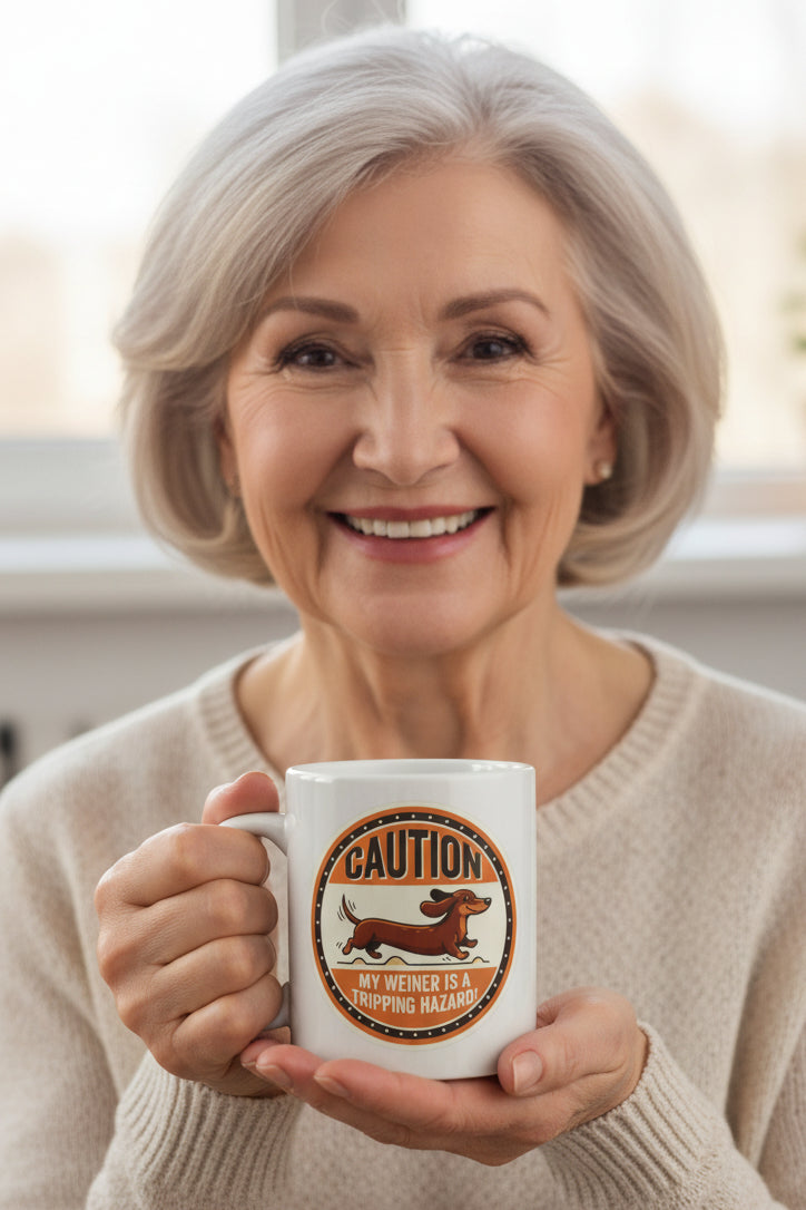 A circular novelty sticker featuring a cartoon dachshund and the text 'CAUTION MY WEINER IS A TRIPPING HAZARD!' in orange, black, and cream colors. Held by an woman. 