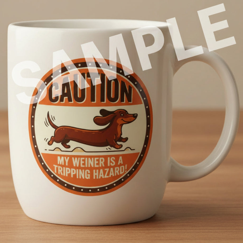A circular novelty sign or sticker featuring a cartoon dachshund and the text 'CAUTION MY WEINER IS A TRIPPING HAZARD!' in orange, black, and cream colors, on a coffee cup.