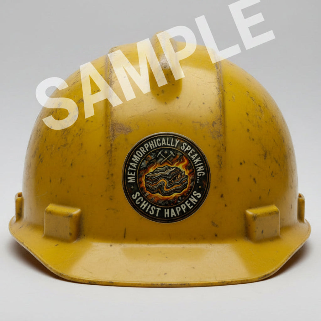 A circular sticker featuring a stylized illustration of layered rock formations with crossed picks and a star, surrounded by the text 'METAMORPHICALLY SPEAKING.... SCHIST HAPPENS'. On and old hardhat.