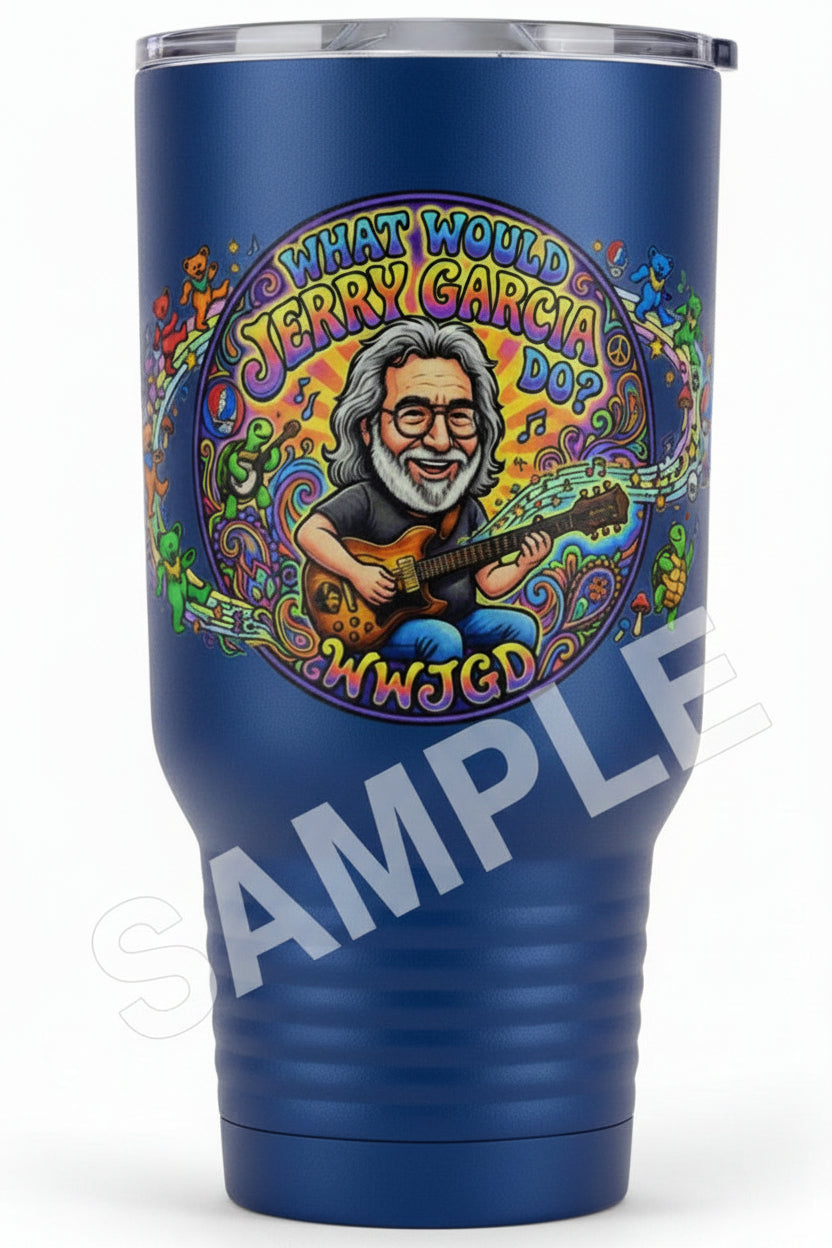 A navy blue insulated travel tumbler with a clear lid, featuring a colorful cartoon-style portrait of Jerry Garcia playing guitar inside a psychedelic circular design with the text 'WHAT WOULD JERRY GARCIA DO?' and 'WWJGD'. A large diagonal 'SAMPLE' watermark overlays the lower portion of the tumbler.