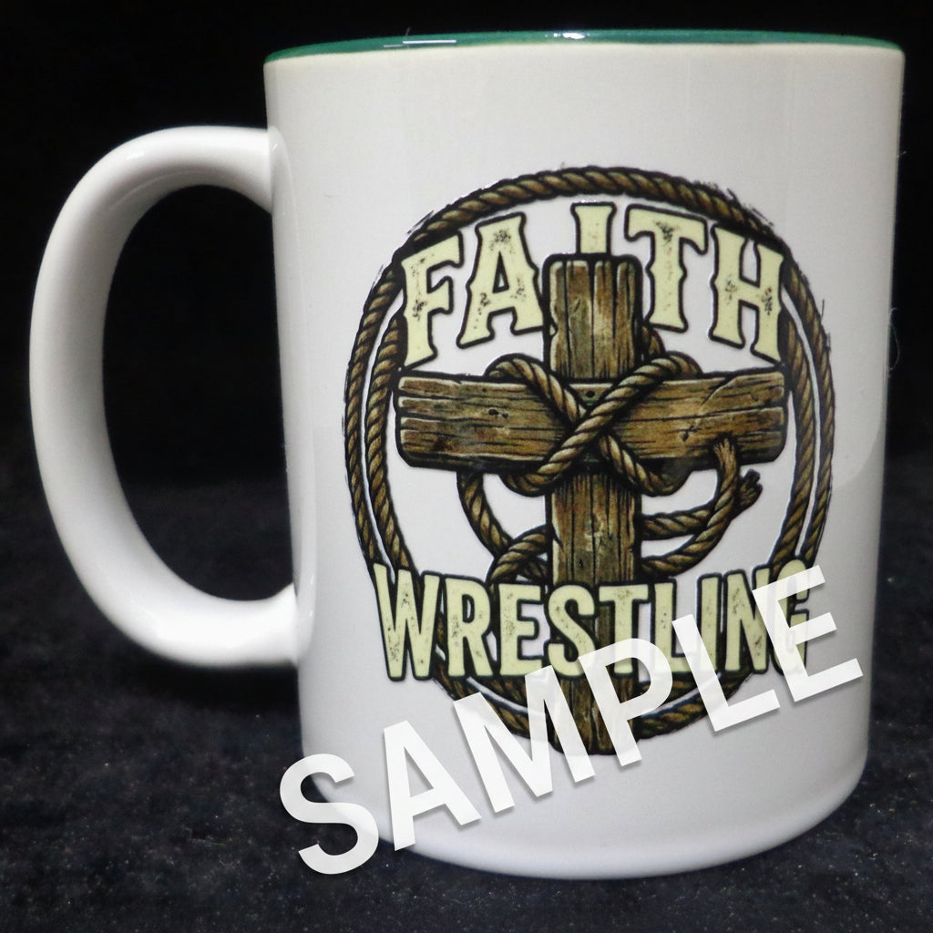 White mug with 'Faith Wrestling' design with cross and rope