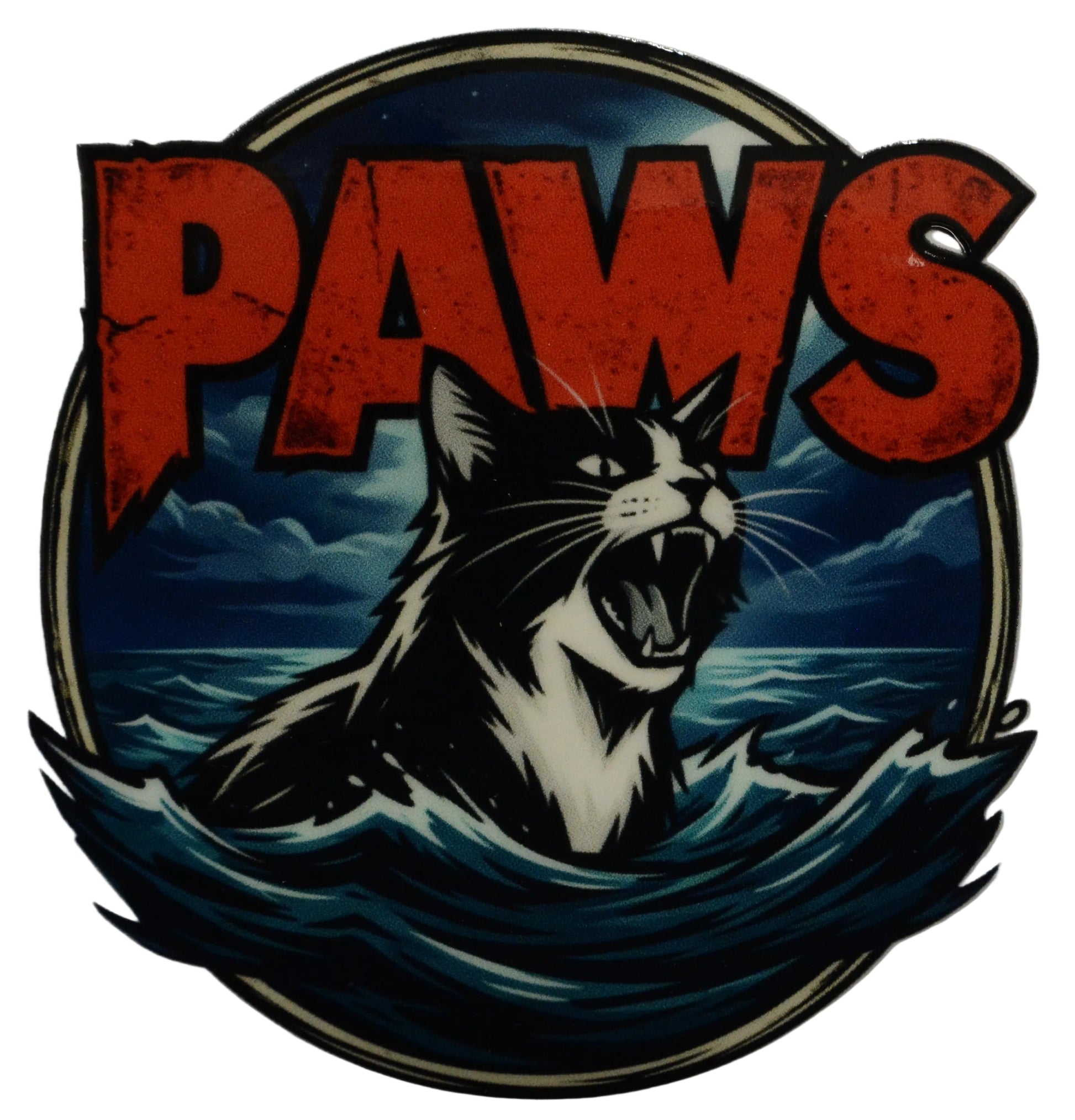 Logo with a cat illustration and 'PAWS' text  similar to jaws